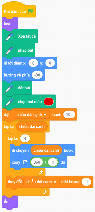 Vẽ và tô màu hình vuông Scratch