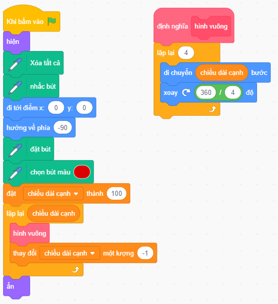 Vẽ và tô màu hình vuông Scratch