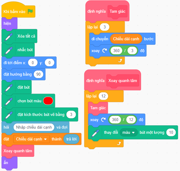 Vẽ hình tam giác đổi màu lặp lại quanh tâm bằng Scratch