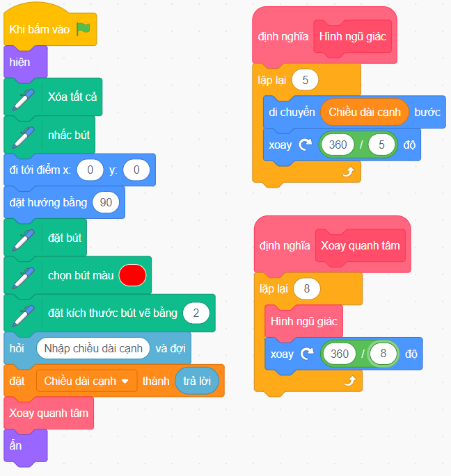 Vẽ 8 hình ngũ giác lặp lại quanh tâm bằng Scratch