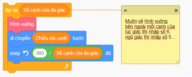 Vẽ hình vuông bên ngoài mỗi cạnh của lục giác đều bằng Scratch