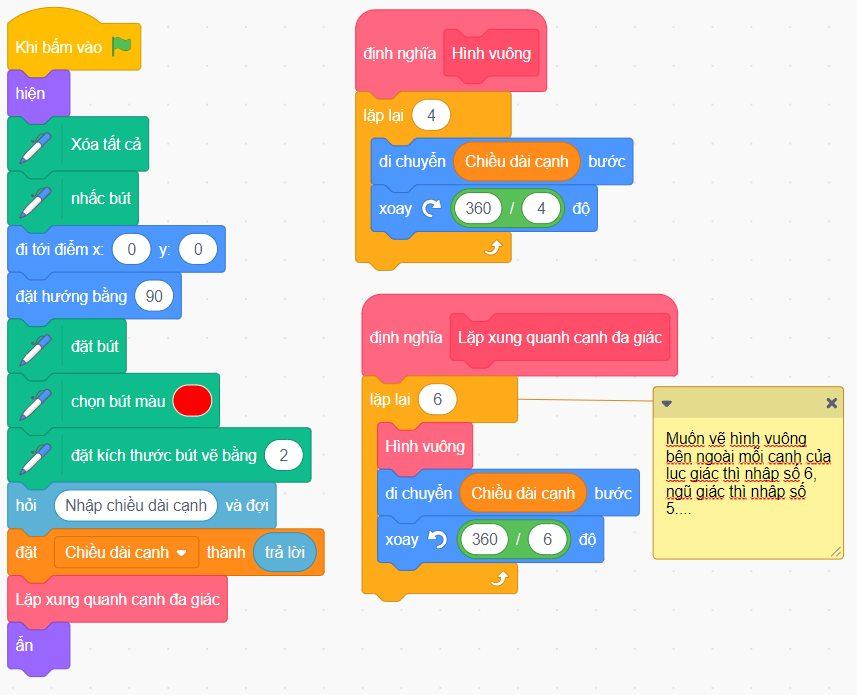 Vẽ hình vuông bên ngoài mỗi cạnh của lục giác đều bằng Scratch