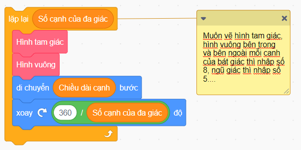 Vẽ hình tam giác bên trong, hình vuông bên ngoài mỗi cạnh của bát giác đều bằng Scratch