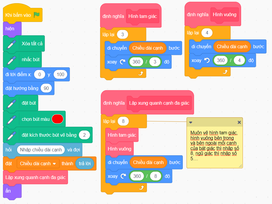 Vẽ hình tam giác bên trong, hình vuông bên ngoài mỗi cạnh của bát giác đều bằng Scratch