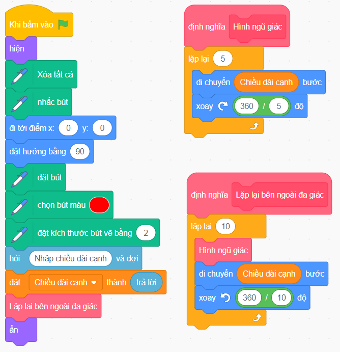Vẽ hình ngũ giác bên ngoài mỗi cạnh của đa giác đều có 10 cạnh bằng Scratch