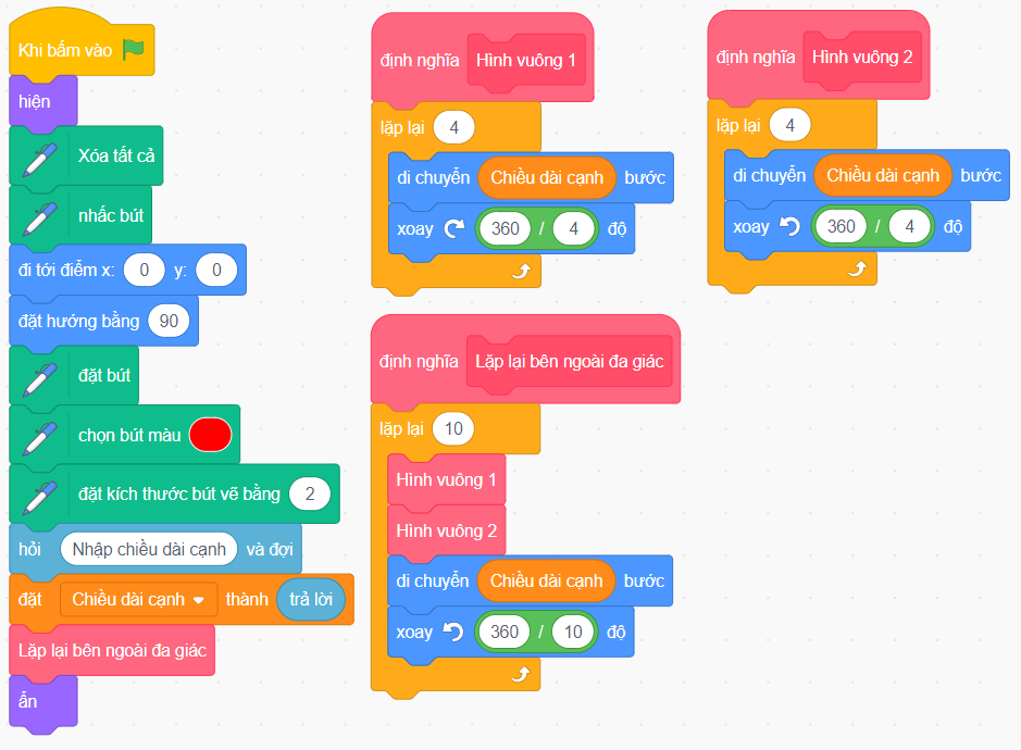 Vẽ hình vuông bên trong và bên ngoài mỗi cạnh của đa giác đều 10 cạnh bằng Scratch