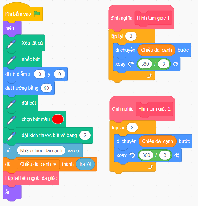 Vẽ hình ngũ giác, tam giác bên trong và bên ngoài mỗi cạnh của đa giác đều 10 cạnh bằng Scratch