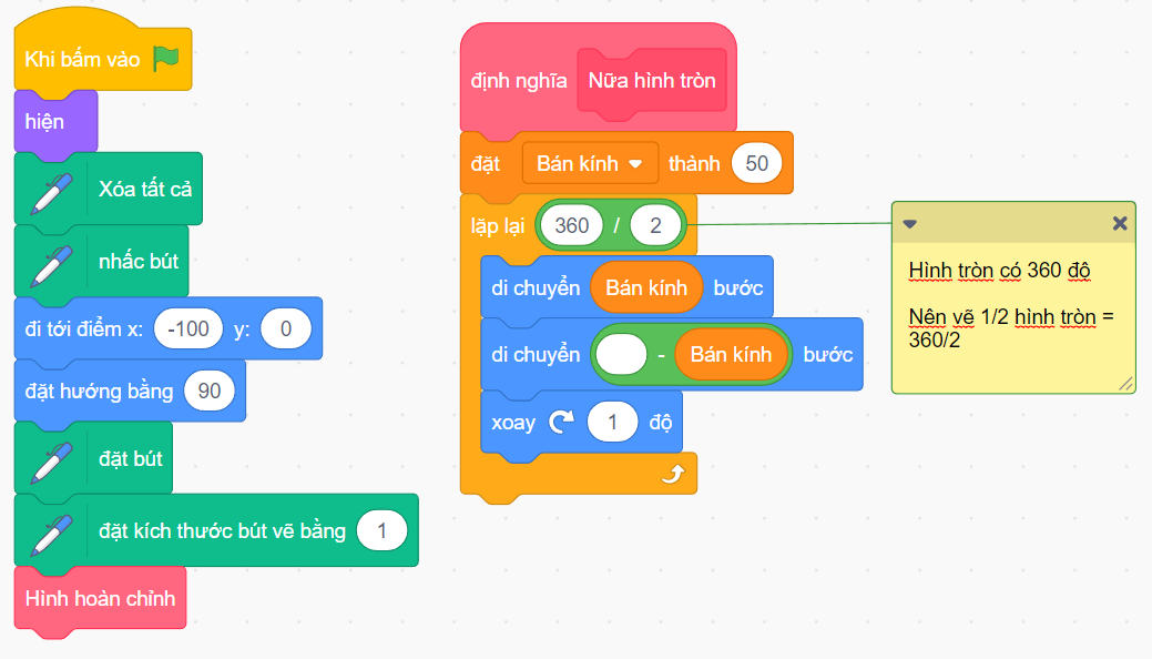 Vẽ và tô màu nữa hình tròn chồng lên nhau bằng Scratch 1