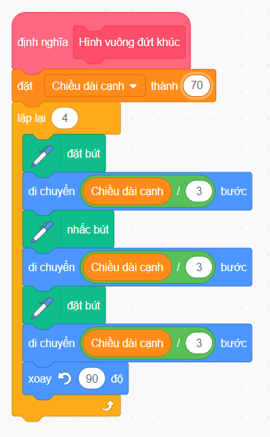 Vẽ hình vuông đứt khúc lặp lại quanh tâm bằng Scratch 1