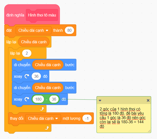 Vẽ ngôi sao 10 cánh từ các hình thoi có màu và không màu bằng Scratch 2